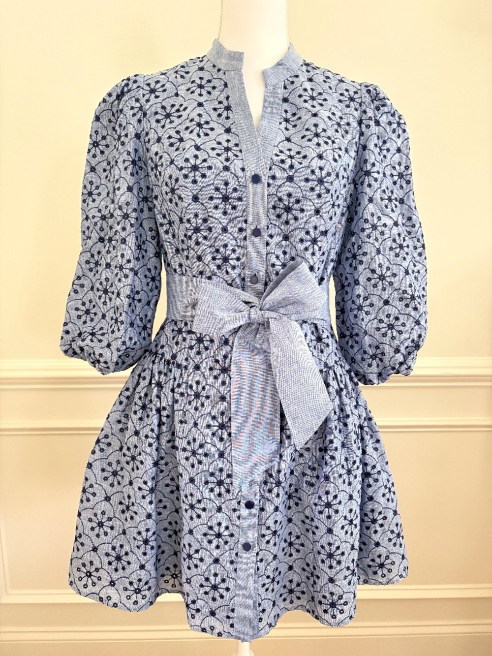 Shoshanna Dress Mini Embroidered Women's Size 4 Blue Tie Waist Puff Sleeve EUC